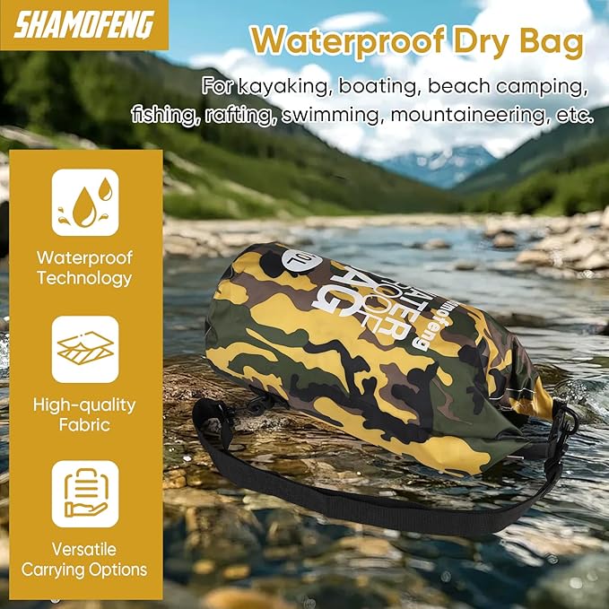 Waterproof Dry Bag 5L/10L/15L/20L/30L Roll Top Dry Storage Backpack with Phone Case, Collapsible Water Bottle, Sunglasses, Ear Band for Kayaking Boating Swimming Fishing Camping, Yellow 15L
