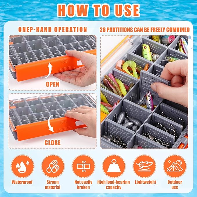 Junkin 6 Pack 3700 Fishing Tackle Boxes Waterproof, Large Orange Lure Organizer Trays with Custom Dividers, Airtight Tackle Storage Case for Saltwater Baits, Swimbaits & Boat Bag Accessories