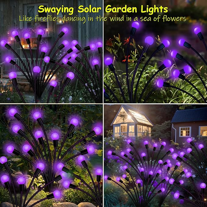 Kohlrabi Solar Garden Lights Outdoor, 6 Pack 48 LED Solar Purple Firefly Lights Waterproof, Sway by Wind, Halloween Swaying Light for Yard Patio Backyard Garden Planter Flower Bed Pathway Decoration