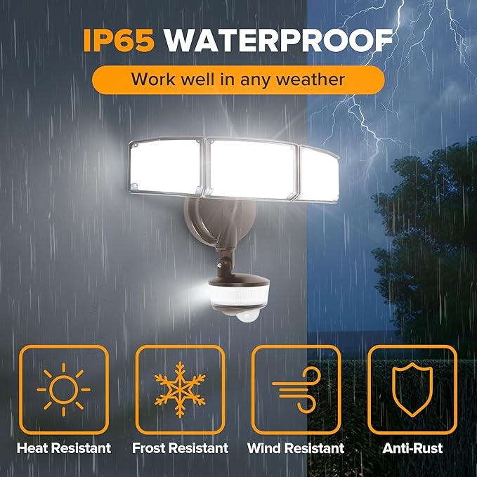 LUTEC 74W 8000 Lumen Motion Sensor Outdoor Lights, 5000K Daylight, IP65 Waterproof Flood Lights Outdoor with Night Light, Dusk to Dawn Motion Detector Security Lights for Outside Garage, Yard-Brown