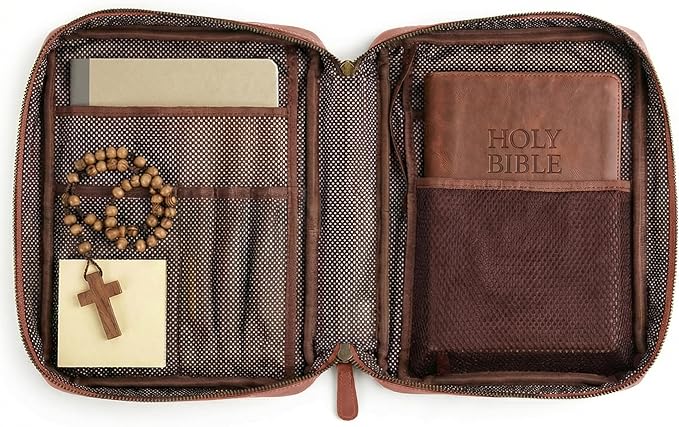 LEATHER VILLAGE Genuine Leather Bible Cover with Zipper for Men & Women - Large Bible Case Carrying Bag Book Cover & Organizer with Handle and Pockets - Leather Bible Covers for Church Study - Tan