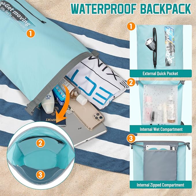 BKNOOU Dry Bag Waterproof Backpack for Women Men, 10L/20L Roll Top Dry Bags for Kayaking Waterproof Bag for Travel, Boating, Beach, Camping, Hiking & Rafting, Dry Storage Bag with Phone Pouch