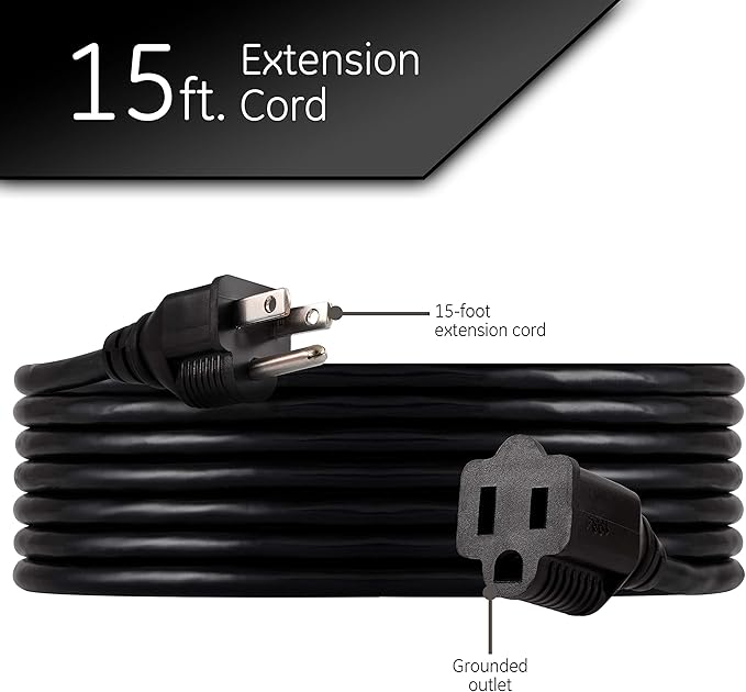 UltraPro Outdoor Extension Cord, 15 Ft, Heavy Duty Extension Cord, Double Insulated, Grounded, 16 Gauge, 3 Prong Extension Cords, General Purpose Long Extension Cord, UL Listed, Black, 36824