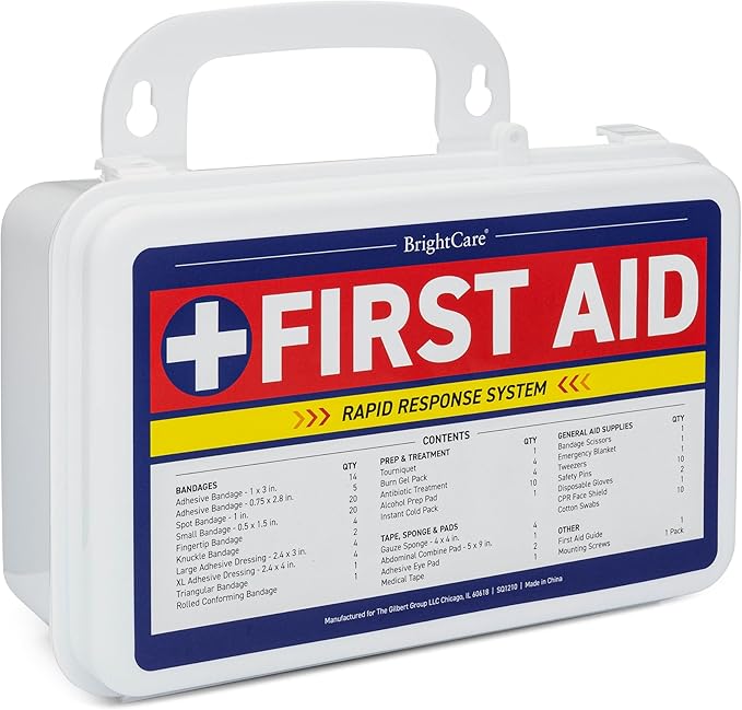 First Aid Kit - Wall Mount Back Option, 130 Pieces, Durable Hard Case with Carrying Handle - First Aid Kit for Office, Home, School, Car, Hiking, Camping – by BrightCare
