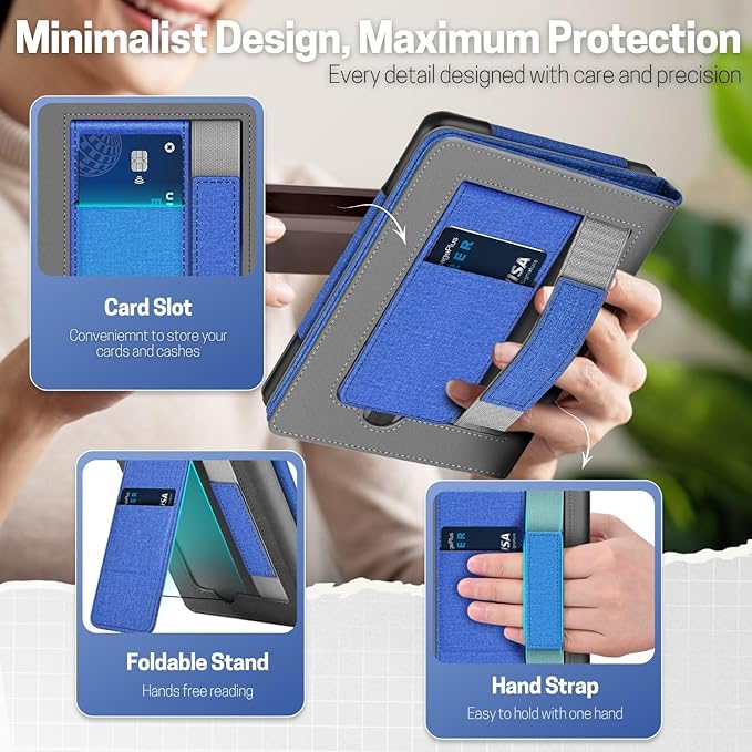 TNP Stand Case for Kindle Paperwhite 12th Generation 2024 / Kindle Colorsoft Signature Edition with Hand Strap & Card Slot - 7" PU Leather Protective Folio Cover with Auto Wake/Sleep, Blue