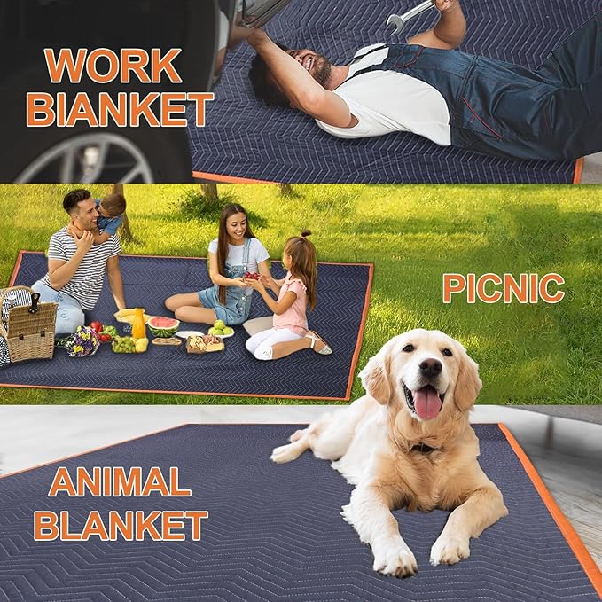 6 Moving Blankets 72x40in with 3 Elastic Rubber Band (196in Extendable to 400in) – Durable Quilted Moving Blanket-Heavy Duty Shipping Blankets (Total Weight 13.2 lbs,Black/Blue)
