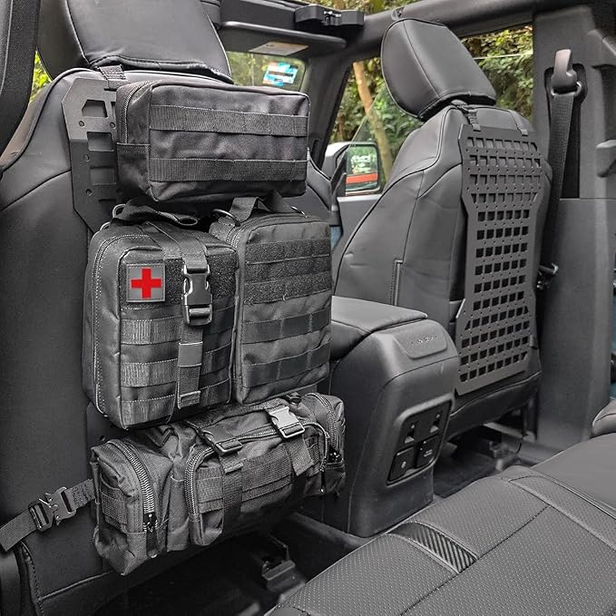 MAIKER 2pcs Tactical Seat Back Molle Panel Compatible with 2021-2025 Ford Bronco, Tactical Rigid Molle Aluminum Insert Panel with 4 Storage Bags and 10 Fastening Tape