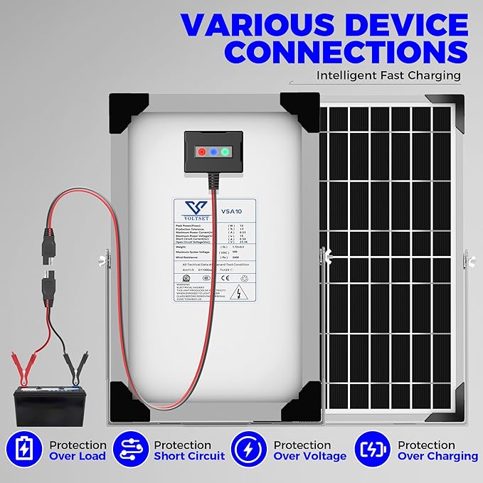Voltset Solar Battery Trickle Charger: 10 Watt 12V Solar Panel Maintainer for Car Boat - Waterproof Monocrystalline Solar Charger with Controller for RV Marine Trailer Truck Motorcycle