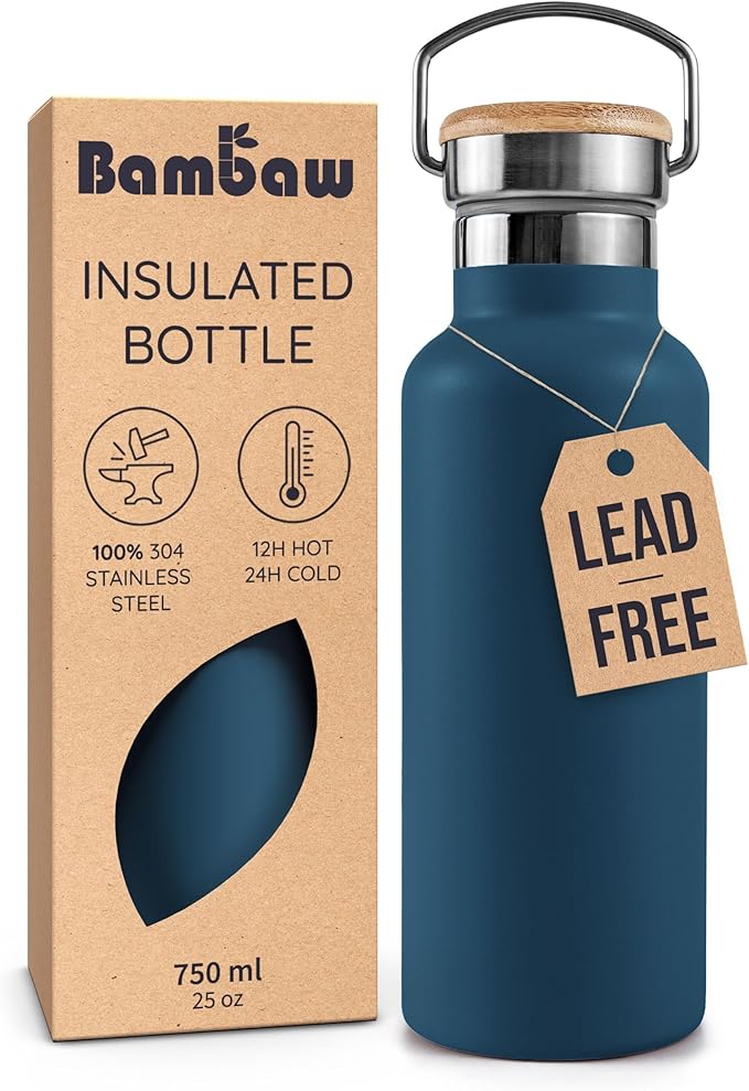 Bambaw 24 oz Stainless Steel Water Bottle, Insulated Metal Water Bottle Wide Mouth, Great for Hiking & Travel, With Handle Easy to Carry, Rust-Resistant & Durable (Aegean Blue)