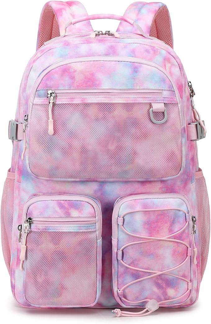 Lohol Multi-Pocket Backpack for School College Travel, Heavy Duty Big Bookbag with 15.6 inch Laptop Compartment (Pink Galaxy