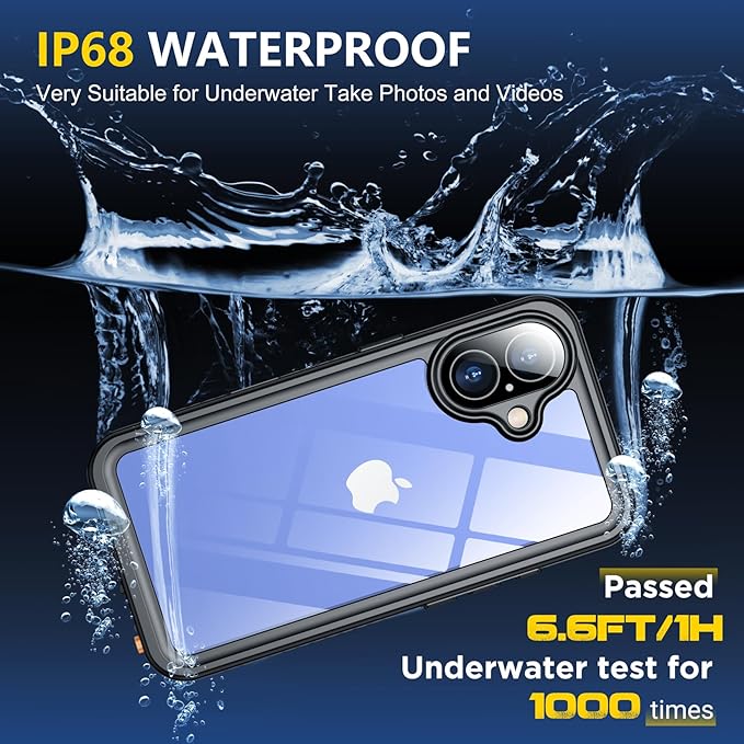 SPIDERCASE for iPhone 16 Case with Lanyard, 12FT Military Heavy Duty Rugged IP68 Underwater Full Body Sealed Protection Phone Case 6.1”, [Built-in Camera & Screen Protector], Black/Clear