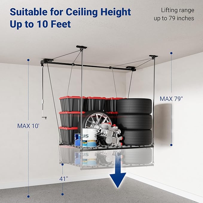 FLEXIMOUNTS Overhead Garage Storage Rack Lift, 4x4 Ft Heavy-Duty Garage Ceiling Storage Racks, Adjustable Organization System With 71'' L Axle, 350lbs Load Capacity, Flat Black