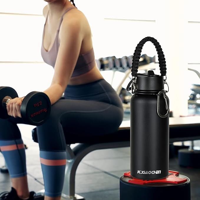 KXIAOCHEN Insulated Water Bottle, Stainless Steel Water Bottle, 2 Lids (Straw and Handle Lid),Wide Mouth Metal Water Bottles Keep Hot and Cold, Double Walled, Thermo Mug, Metal Canteen