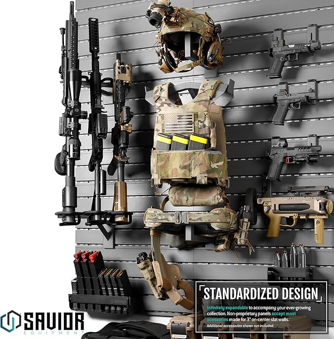 Savior Equipment Wall Rack System Tactical Vest Attachment Gear Wall Mount Display Rack Organizer, Adjustable Width, Heavy-Duty Steel Construction Hold Up to 40 lbs