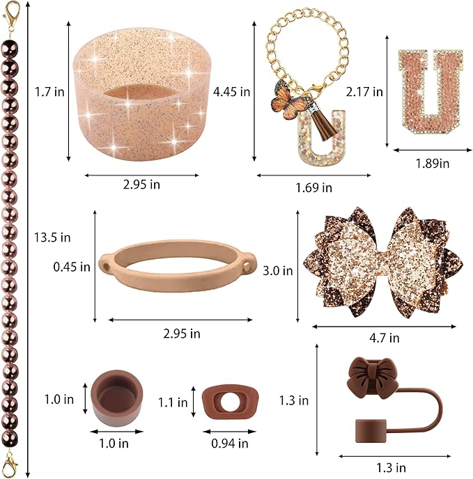 9PCS Brown for Stanley Cup Accessories Set Bling Initials Bow Charms for Stanley Decorations 30/40 Oz Tumbler Accessories Including Bow Straw Topper, Handle Strap, Spill Stopper（Letter U）