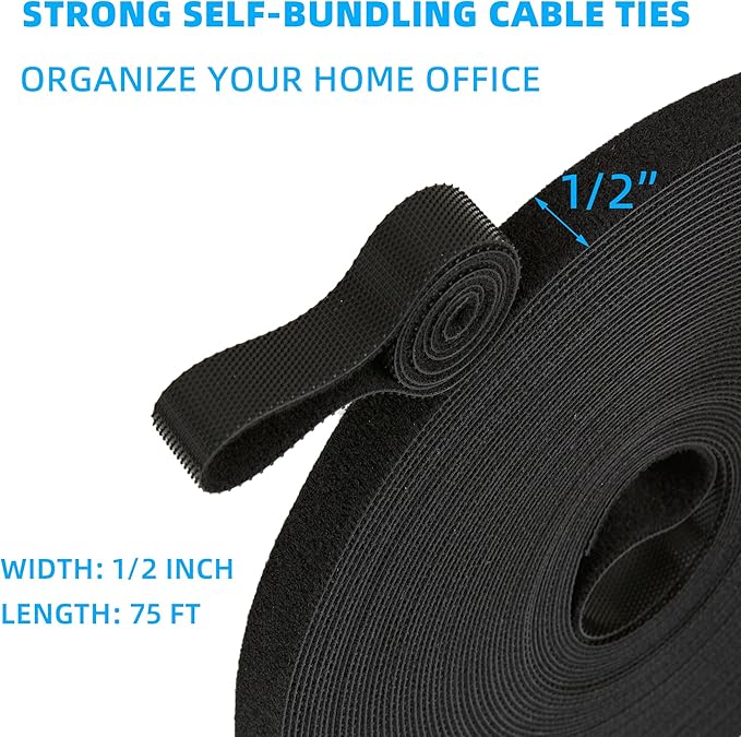 75 ft x 1/2 inch Hook and Loop Roll, Reusable Fastening Cable Ties, Multi-Purpose Cable Management Wire Ties Cable Straps for Organizing Home, Office and Data Centers