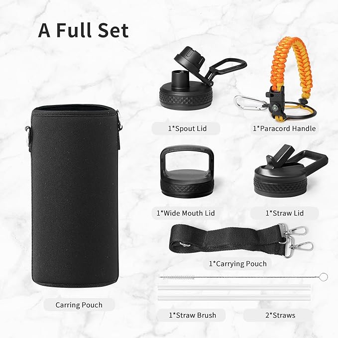 Trebo 32oz Water Bottle Insulated with Lid and Straw,Triple Wall Vacuum Stainless Steel Metal Tumbler Sports Flask with Paracord Handle, Keep Hot 24 Hours & Cold 48 Hours Water Cup with 3 Lids, Orange