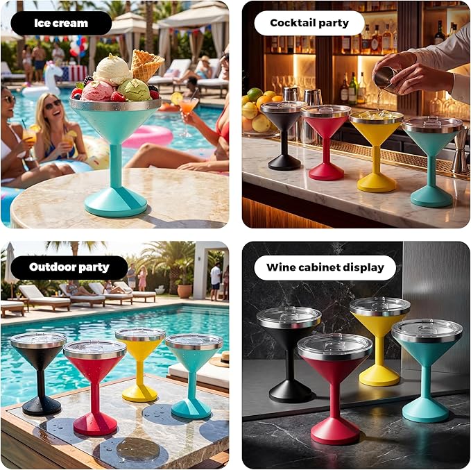 13oz Stainless Steel Martini Glass - Insulated Margarita Tumbler with Lid,Double-layer insulation function for outdoor, picnic, poolside, beach and yard parties