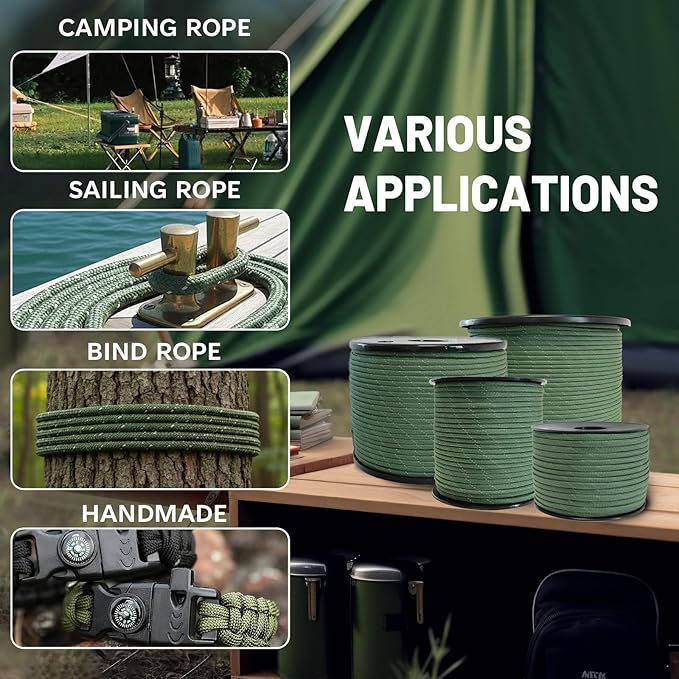 SDHUATUO Paracord Rope 1000FT, 550lb Type III Nylon Parachute Cord 7-Strand Core with Reflective Strips, Utility String for Survival, Camping Gear, Hiking, DIY, Crafting, Outdoor, ArmyGreen