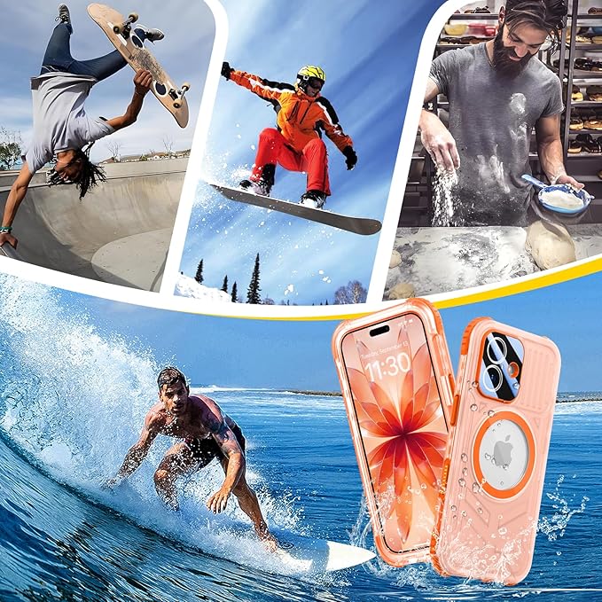 SPIDERCASE Magnetic for iPhone 17 Case Waterproof,[Built-in Screen & Camera Protector] [IP68 Underwater] 12FT Military Shockproof, Dustproof, Anti-Scratched Phone Case,Orange/Clear
