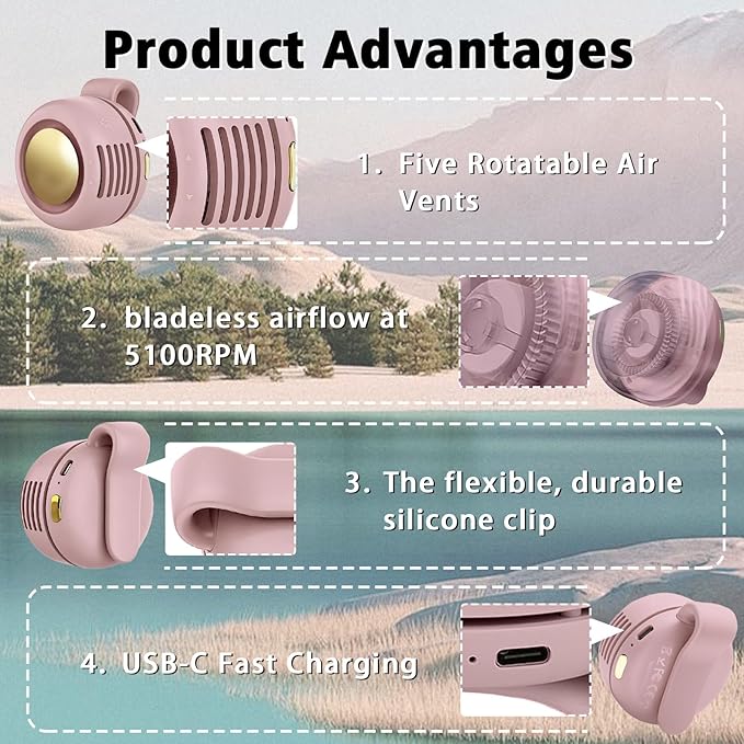 Portable Clip-On Fan, Mini USB Rechargeable 360° Rotatable Fan, 3-Speed Silent Mini Bladeless Fans