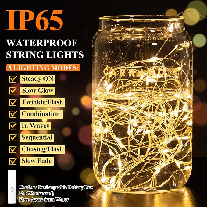 Lakumu LED Fairy Lights Battery Operated, Rechargeable String Lights with 8 Modes & Timer, Type‑C, Waterproof Twinkle Lights for Bedroom Wedding Christmas Decor (5M/16FT Warm White)