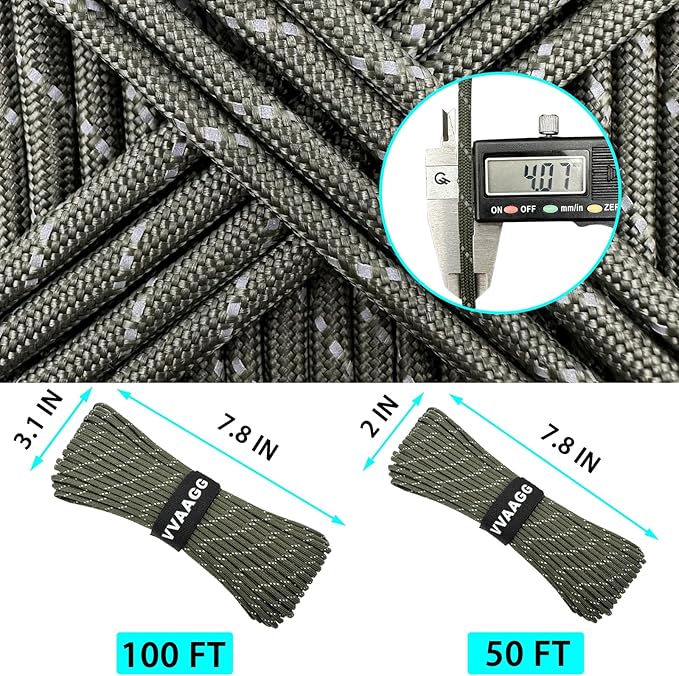 VVAAGG Reflective Paracord Rope 100FT, 7 Strand Nylon para Cord Lanyard Utility 550 Parachute Cord, 4mm Thin Tent Rope for Outdoor Camping Hiking