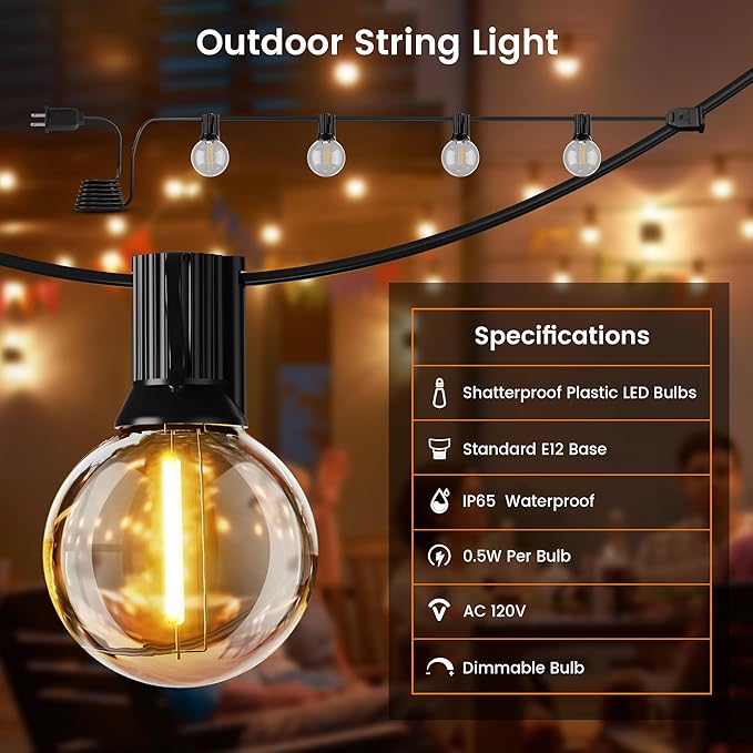 OHLUX Outdoor String Lights, 150FT Patio Lights with 70+2 Dimmable Plastic LED G40 Bulbs, 2200K Waterproof Connectable Hanging String for Backyard Cafe Porch Deck E12 Base