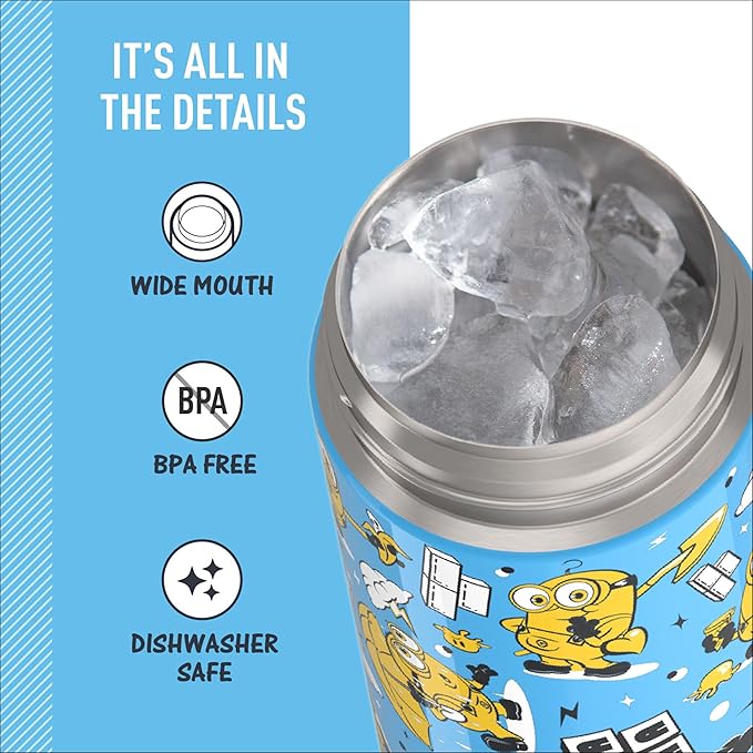 THERMOS FUNTAINER 16 Ounce Stainless Steel Vacuum Insulated Bottle with Wide Spout Lid, Minions