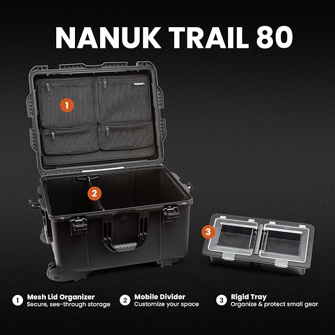 NANUK Trail 80 – 79L (20.9-Gallon) Waterproof Storage Box – Wheeled & Modular Cargo Case for Camping, Fishing, Hunting & Outdoor Storage – Dustproof and Impact Resistant (25.4” x 20” x 14.5”) – Black