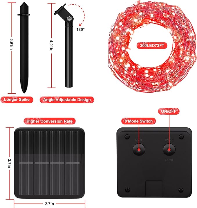 Selarlyt Solar String Lights for Outside, 72Ft 200 LED Solar Fairy Lights with 8 Modes, Solar Powered Fairy Lights Waterproof for Christmas Tree Garden Party Wedding（Red）