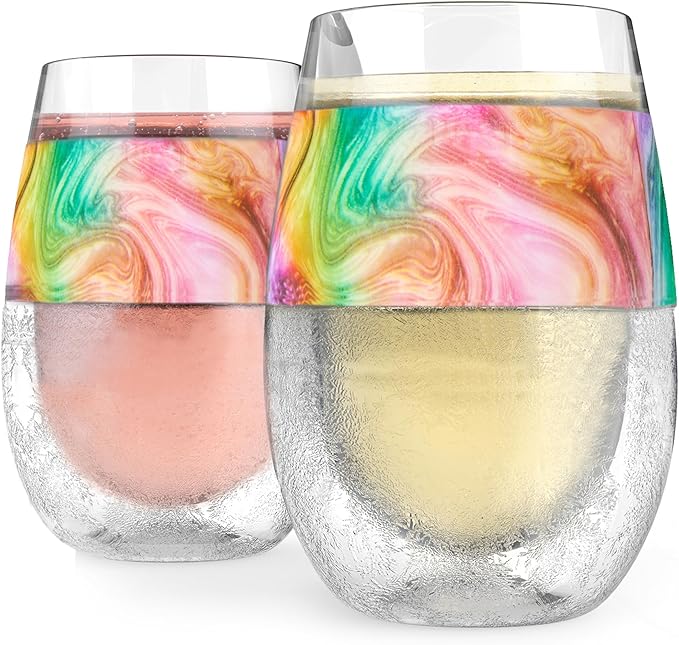 Host Freeze Double Wall Stemless Wine Glasses, Freezable Cooling Tumblers for Red & White Wine, Insulated Chilling Cups with Rainbow Silicone Grips for Moms, Birthday Gifts for Women, 8.5 oz, Set of 2