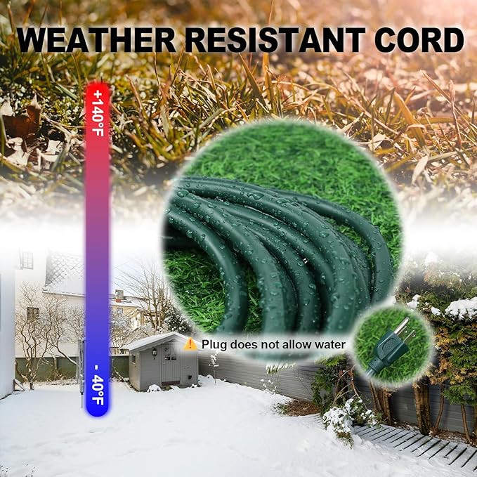 EP 10FT Green Outdoor Extension Cord, 16/3 SJTW Heavy Duty Waterproof, 3 Prong Grounded Plug, 13A 1625W 16AWG, Cold-Resistant Flexible Power Cable for Garden, Home, Christmas Lights