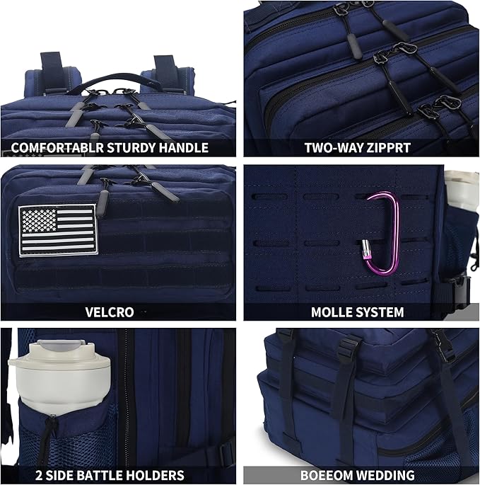 Sparklekle Military Tactical Backpack 45L 3 Day Assault Pack Waterproof Molle Hiking Rucksack for Men and Women (Blue)
