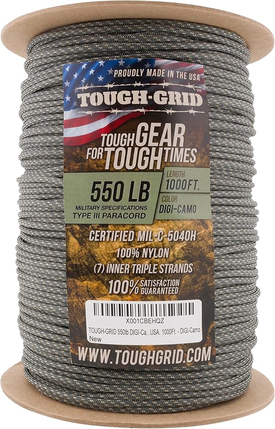 TOUGH-GRID 550 Paracord, Type III Mil-Spec Nylon Rope - 1000 Ft Digi-Camo Tactical Survival Cord