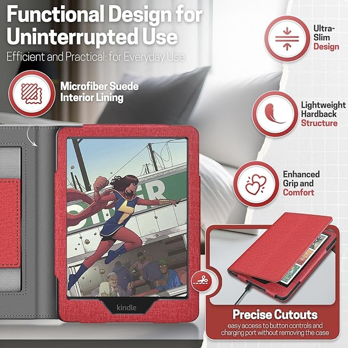 TNP Stand Case with Strap for Kindle Paperwhite 12th Gen 2024 / Kindle Colorsoft Signature Edition - 7" PU Leather Protective Folio Cover with Auto Wake/Sleep & Card Slot, Red