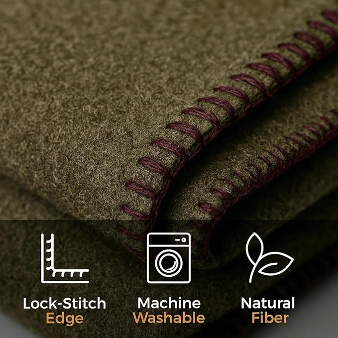 Wool Camping Blanket - 70% Wool Heavy-Duty Military Style Throw, Warm & Washable, Fire Retardant Cover for Emergency, Survival & Outdoor Use - Perfect for Camping, Car, Home & Hiking, Olive 62x84