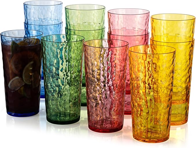 24-ounce Plastic Tumblers, Acrylic Drinking Glasses High-Balls, set of 12 Blue, Reusable Plastic Cups, Hammered Style Stackable, BPA-Free, Shatter-Proof, Dishwasher-Safe