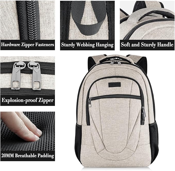 BIKROD Backpack for Women and Men, Extra Large School Backpacks for Teens, Water Resistant Back Pack with USB Charging Port Fits 17 Inch Laptop, Business Anti Theft Sturdy Computer Bag Gifts, Beige
