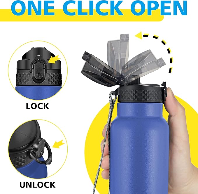 Han's Bottle Sports Water Bottle - 32 Oz, Straw Lid, Leak Proof, Vacuum Insulated Stainless Steel, Double Walled, Thermo Mug,Navy Blue