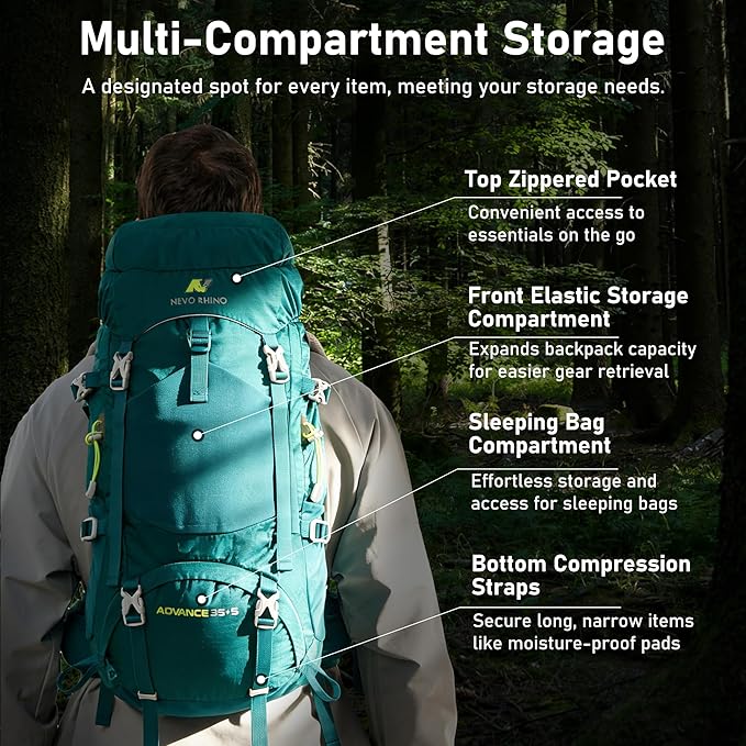 N NEVO RHINO 40L Internal Frame Hiking Backpack for Men Women with Rain Cover, Lightweight Outdoor Backpacking Backpack for Camping, Hiking, Traveling