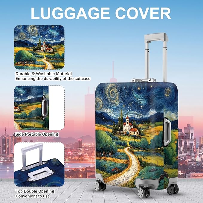 ANNA QUEEN Starry Night Landscape Luggage Cover, Artistic Oil Painting Style Suitcase Protector for 32-34 Inch Bags