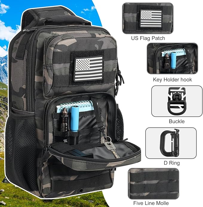 Rover Sling Pack Tactical Shoulder Sling Bag Backpack with Bottle Holder Crossbody Chest Bag, Black Camo