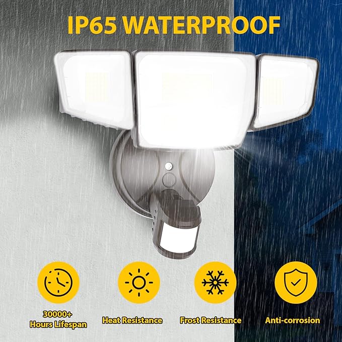 Abovizo 90W Motion Sensor Outdoor Lights, 10000LM LED Flood Light Outdoor with 4 Adjustable Heads, 6500K Daylight, Dusk to Dawn, IP65 Waterproof Security Light for Garage, Yard, Porch, Front Door