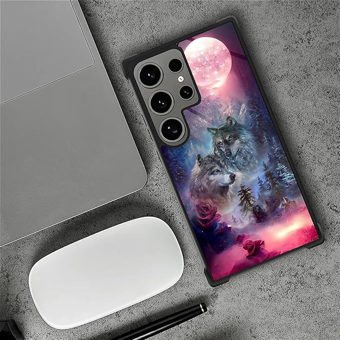for Samsung Galaxy S24 Ultra Case, Star Two Wolfs Howling Pattern Graphic Design Girl Boy Soft Silicone Hard Acrylic Shock Protection for Samsung Galaxy S24 Ultra