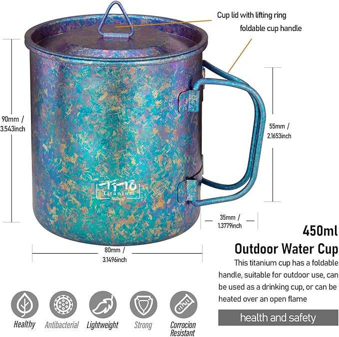 TiTo Titanium Cup Titanium Pot with Lid Ultralight Portable 450ml Foldable Handle Camping Tea Coffee Water Mug for Outdoor Backpacking Hiking Picnic Drinkware with Mesh Sack (Bright Blue)