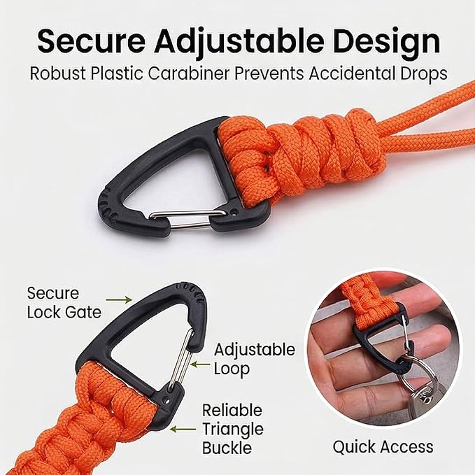 3-Pack Tactical Paracord Carabiner Keychain – Adjustable Rope Lanyard with Triangle Clip for Outdoor Survival, Camping, Hiking, EDC & Fishing Gear Accessories