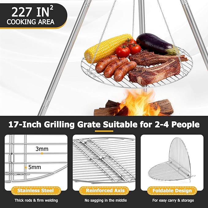 Stainless Steel Campfire Tripod for Cooking, HaSteeL Camping Tripod Grill with 17” Folding Grate, Heavy Duty Openfire Stand Hanger for Outdoors Beach Firepit BBQ, Detachable Handle, Adjustable Height