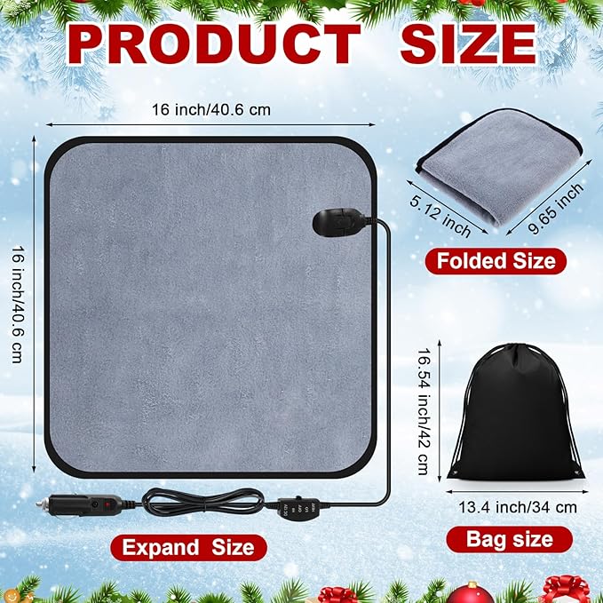 Tuanse 16 x 16 Inches Car Electric Blanket 12 Volt Heated Car Blanket with Temperature Controller and Black Storage Bag Cold Weather Tailgating and Emergency Kit(Grey,Blank)