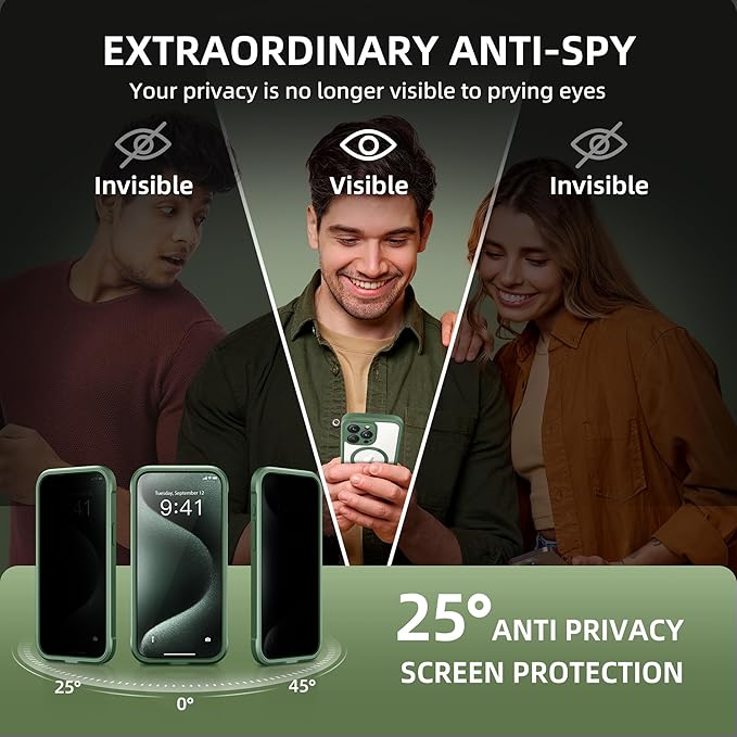 TIESZEN for iPhone 15 Pro Case, Compatible with MagSafe, Built-in Privacy Screen Protector and Camera Protection, Anti Spy Full Body Dustproof Shockproof Hard Phone Case 6.1", Deep Green